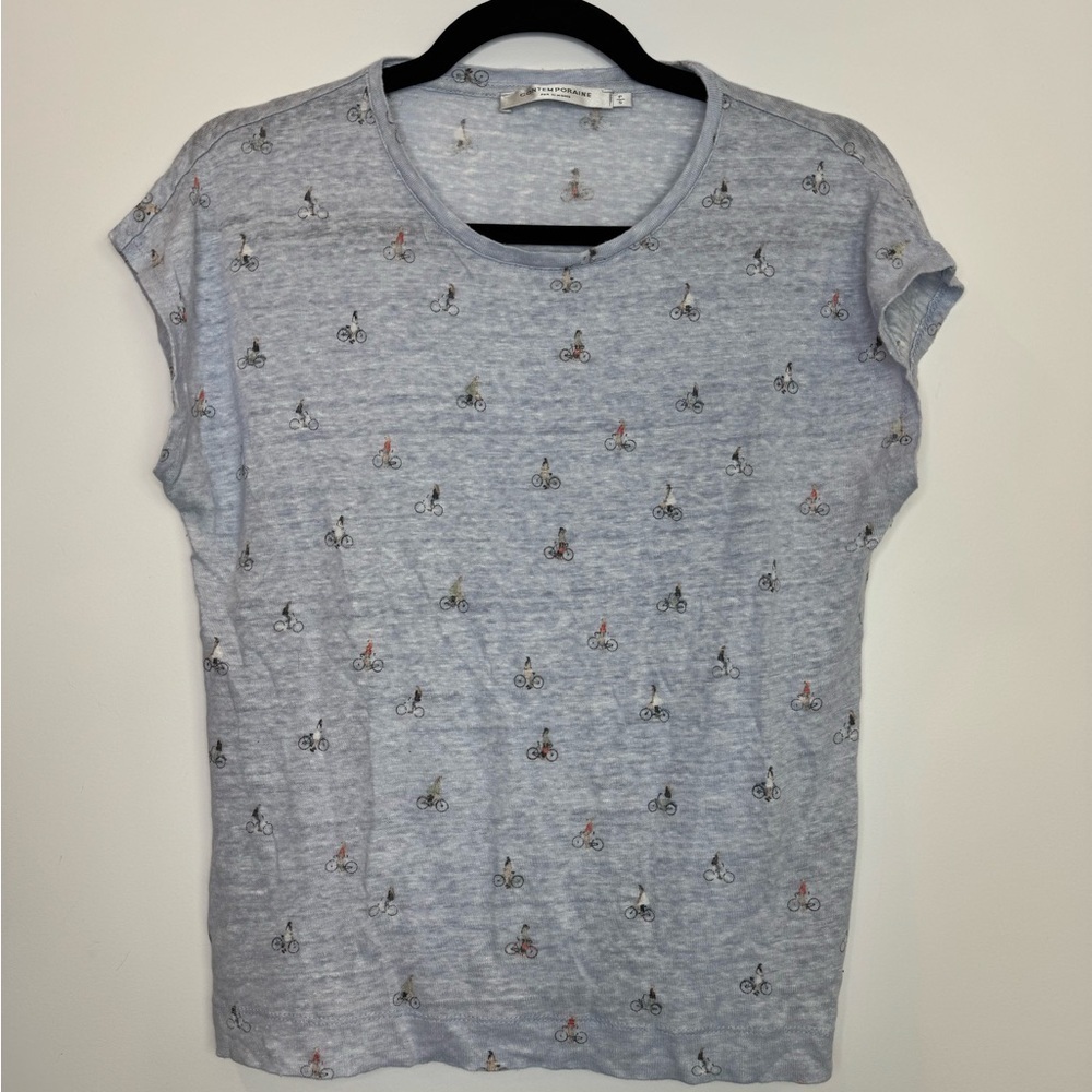 Simons Blue novelty bicycle print Short Sleeve linen T-Shirt